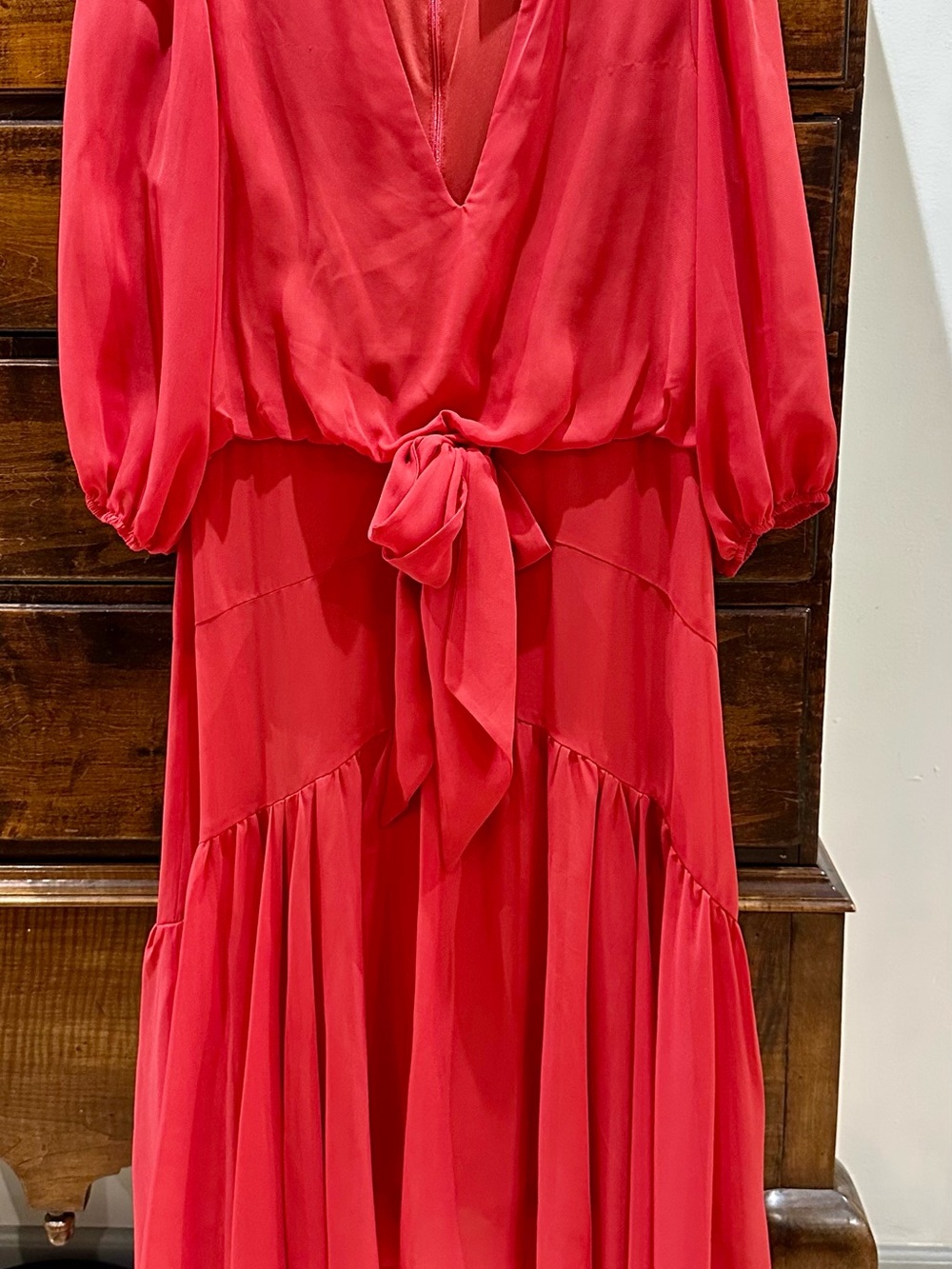 Taylor Red V‑Neck Tie‑Waist Long Sleeve Maxi Dress